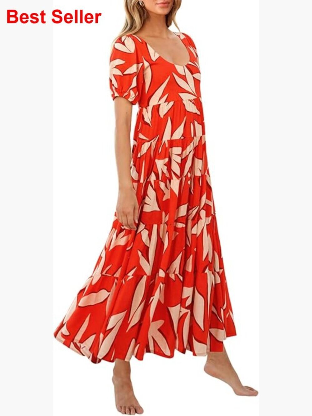 Puff Short Sleeve Scoop Neck Floral Maxi Dress with Tiered Hem